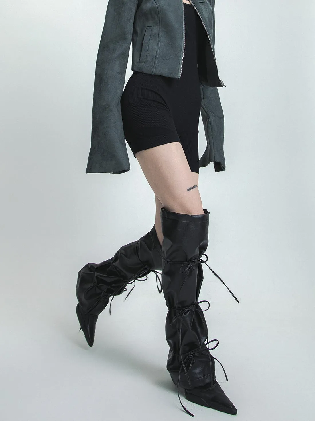 Leather bow legwarmers