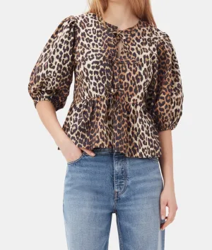 Leopard Cotton Poplin Peplum Tie Blouse