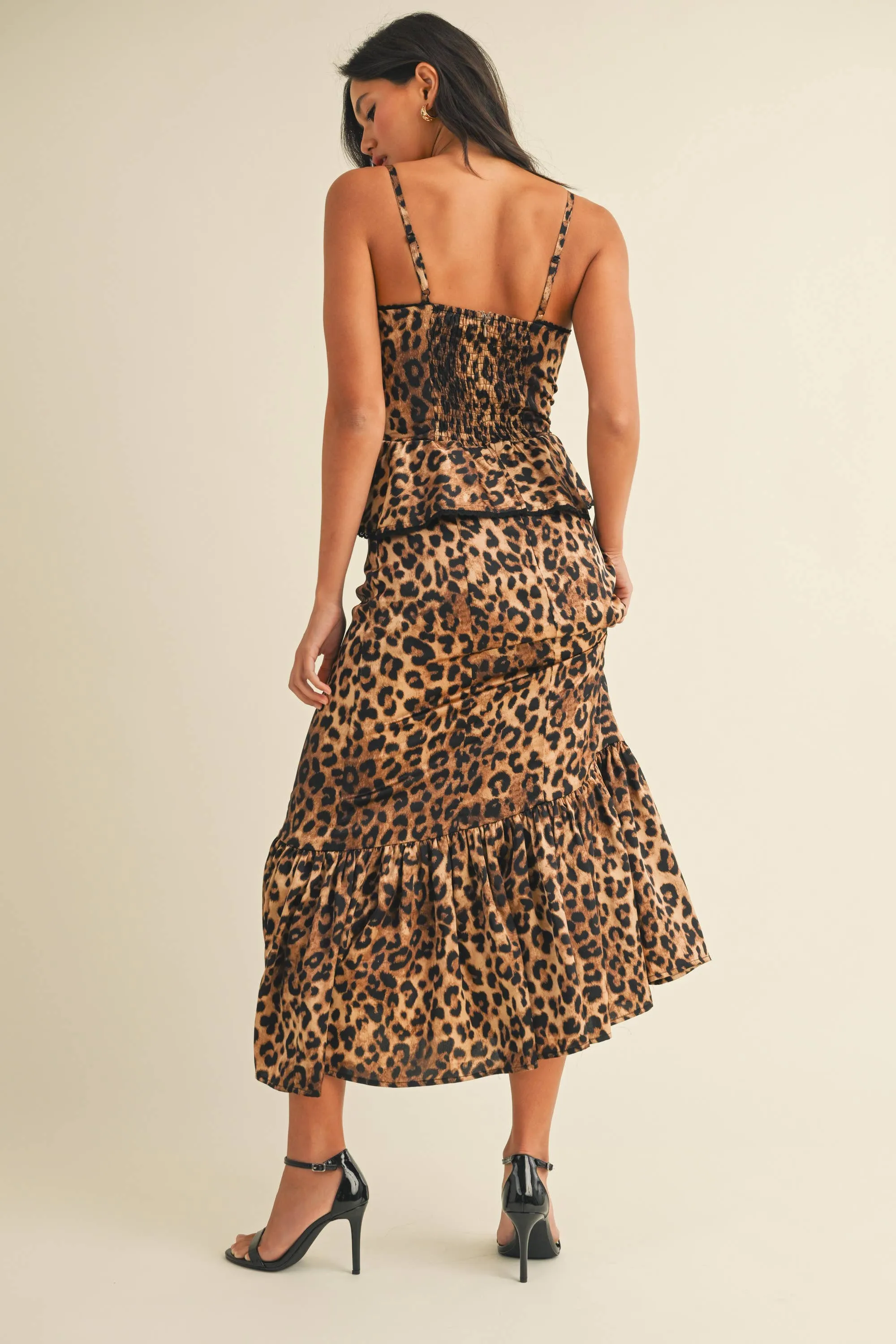 LEOPARD PRINT PEPLUM BODICE RUFFLED MIDI DRESS