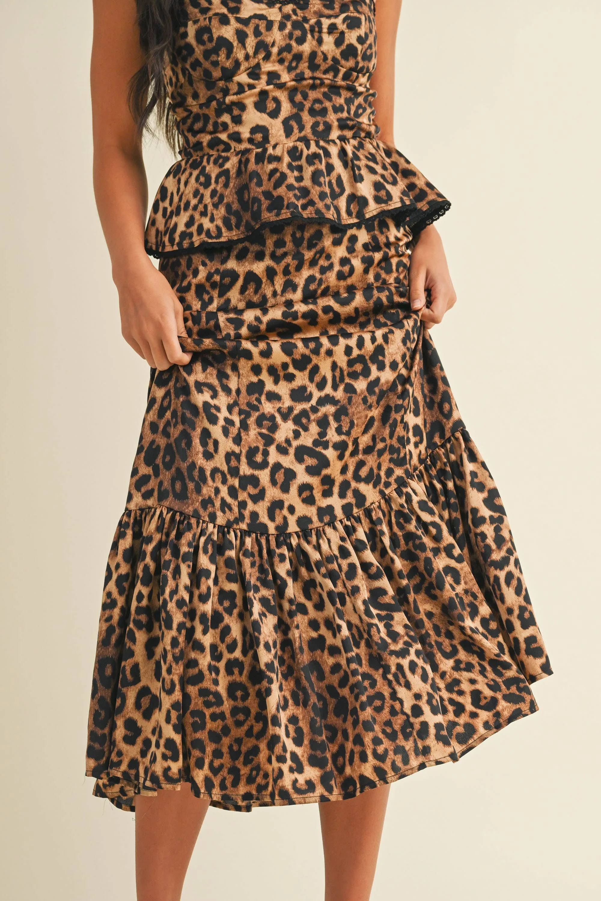 LEOPARD PRINT PEPLUM BODICE RUFFLED MIDI DRESS