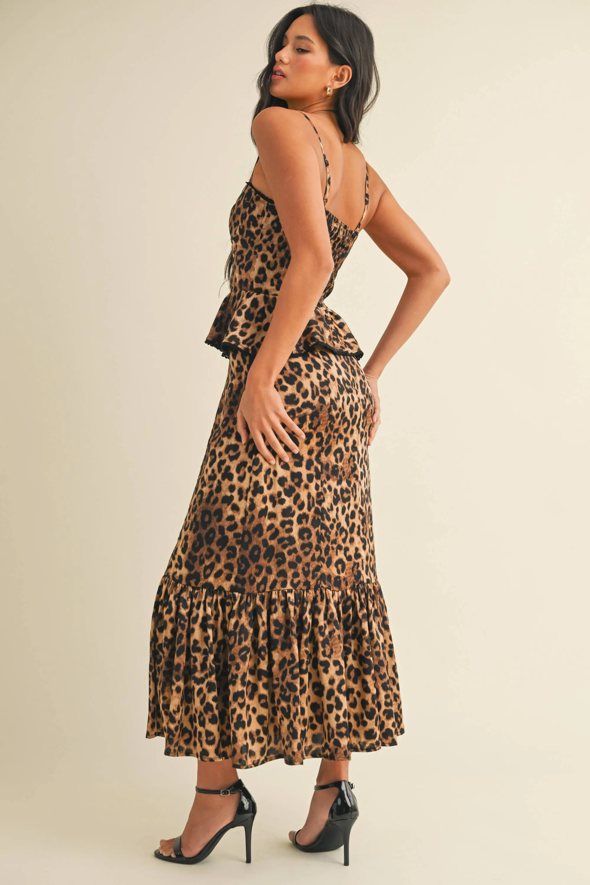 LEOPARD PRINT PEPLUM BODICE RUFFLED MIDI DRESS