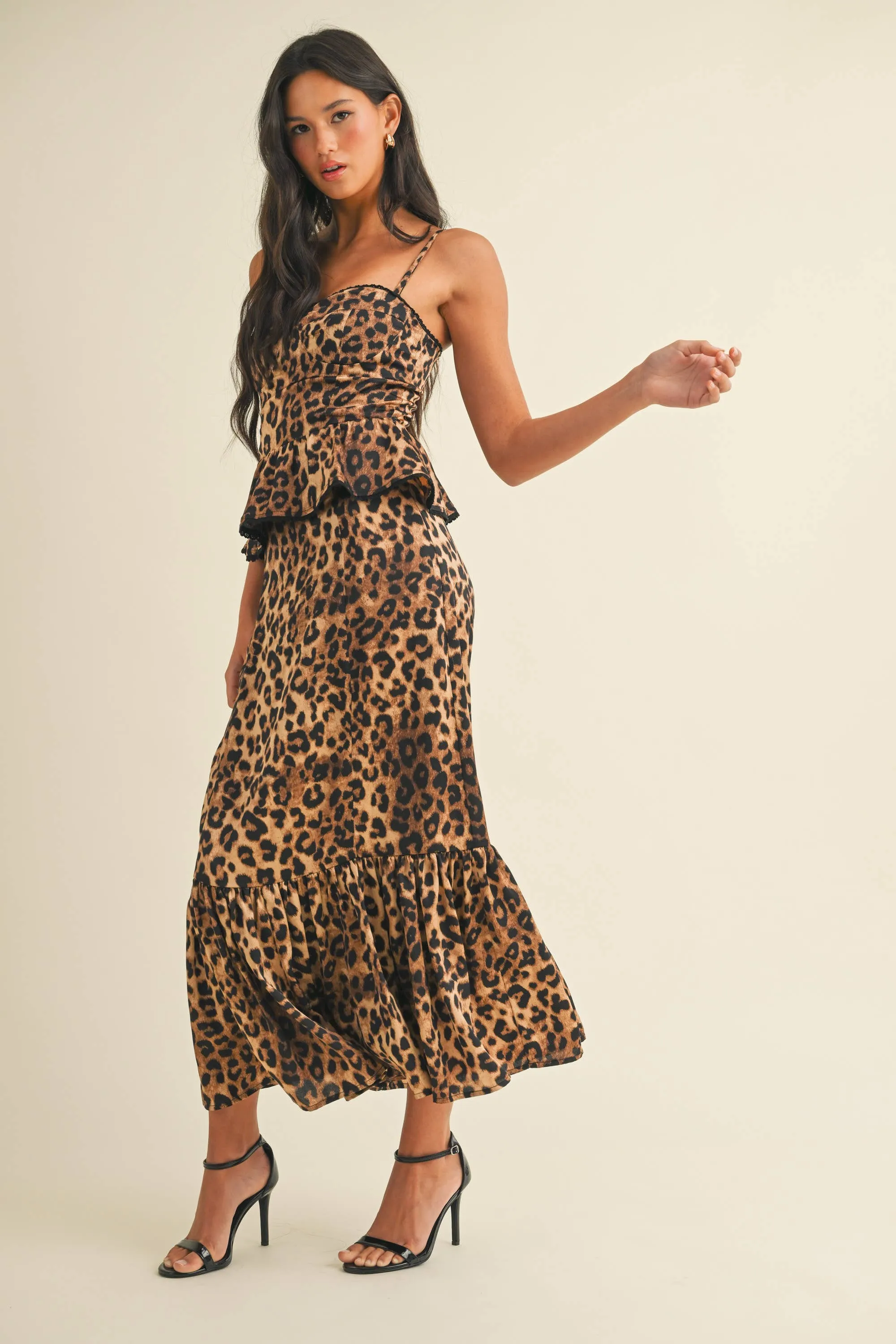 LEOPARD PRINT PEPLUM BODICE RUFFLED MIDI DRESS