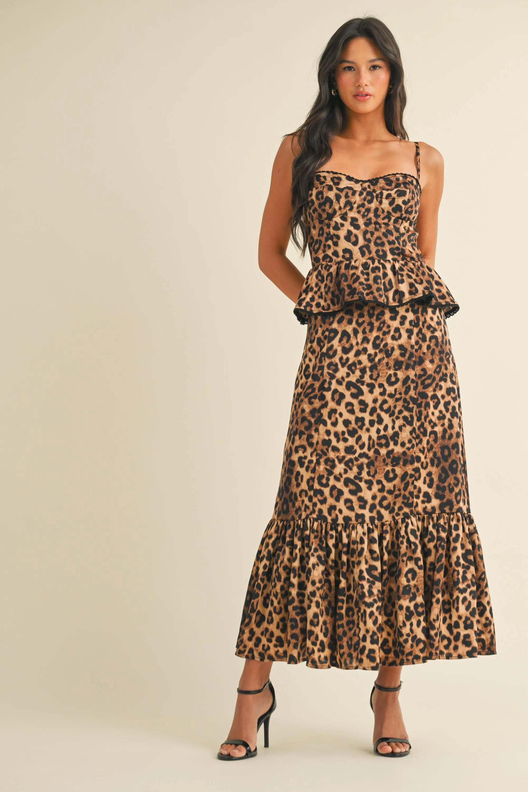 LEOPARD PRINT PEPLUM BODICE RUFFLED MIDI DRESS