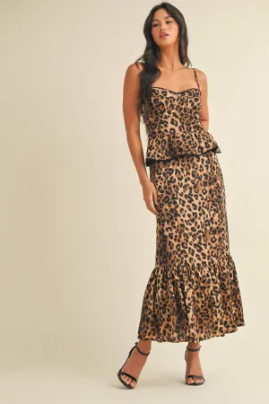 LEOPARD PRINT PEPLUM BODICE RUFFLED MIDI DRESS