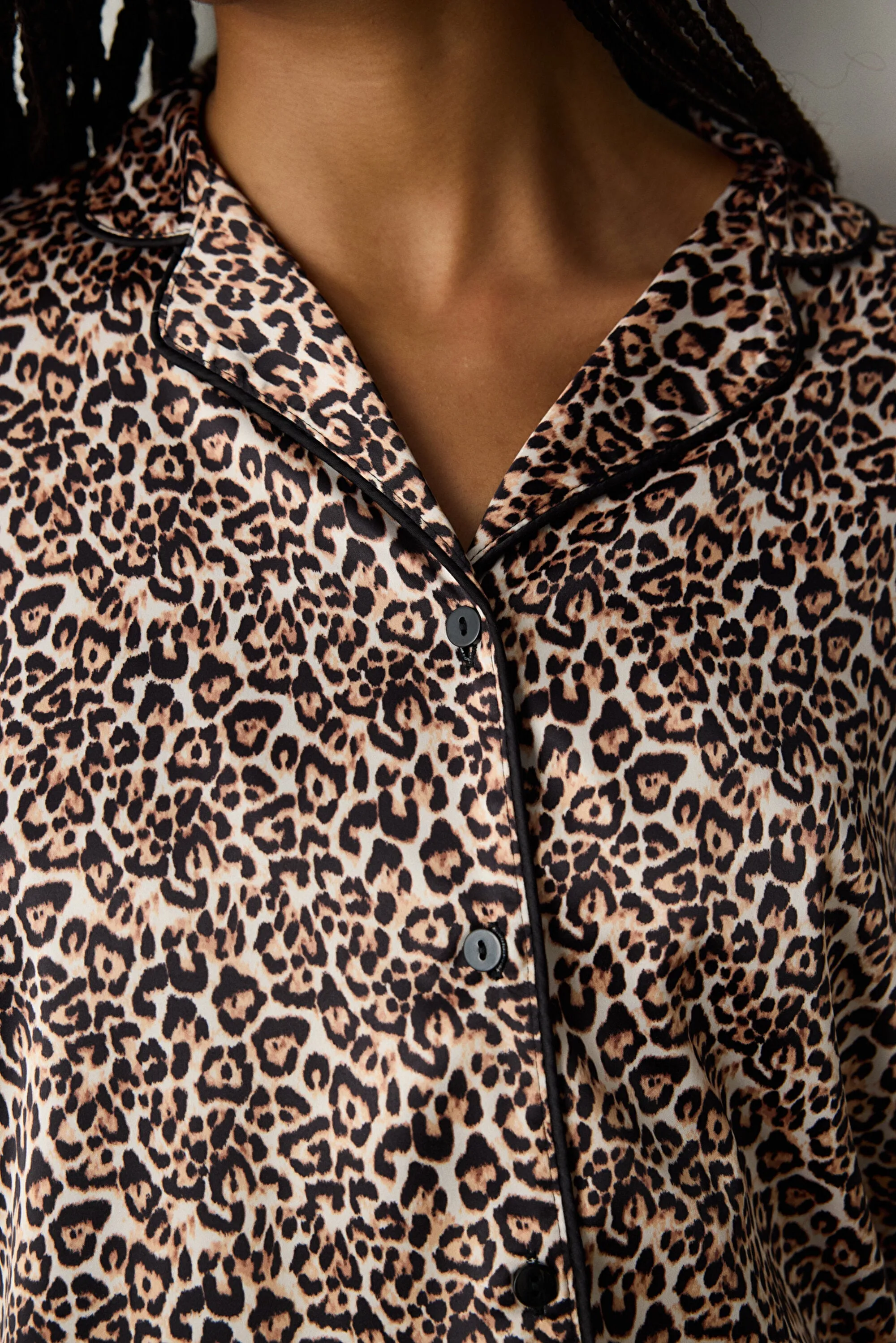 Leopard Satin Light Beige Shirt Pants Pajama Set