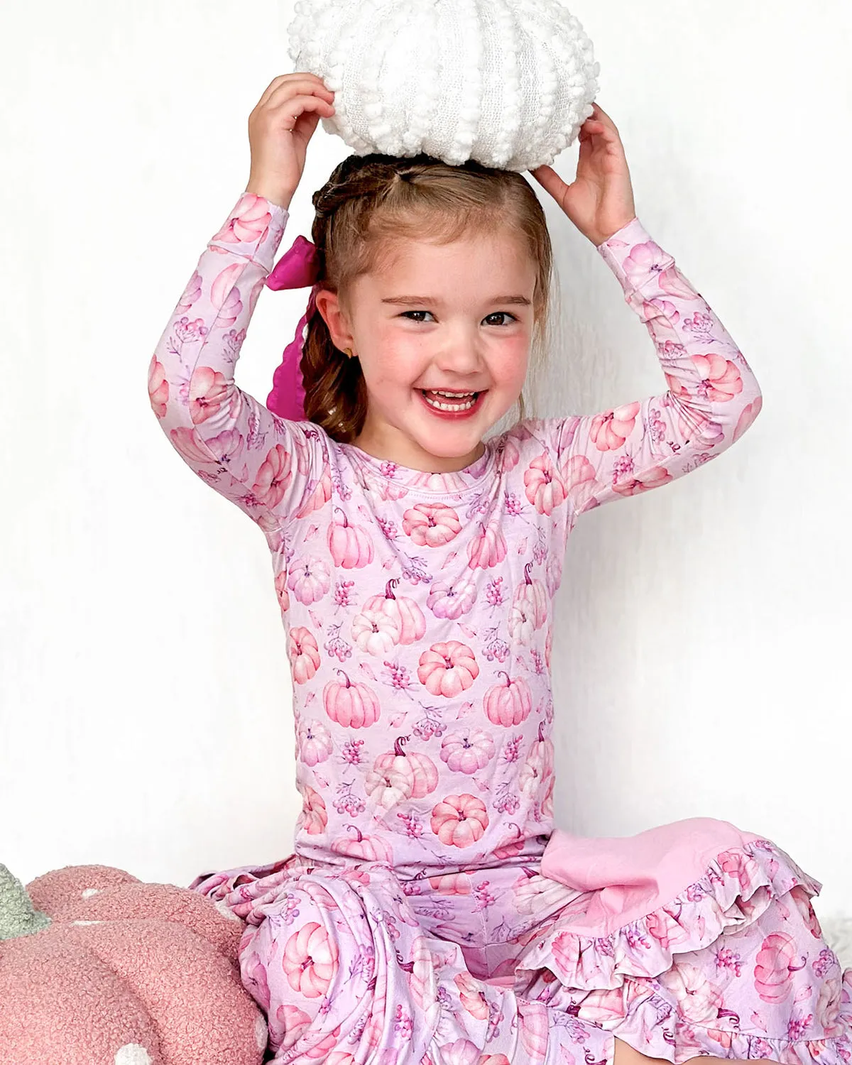 Lev Baby Autumn Pink Pumpkin Toddler Lounge  Long Sleeve Two Piece Jammies Pajamas