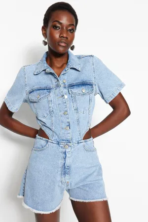Light Blue Cut-Out Detailed Denim Overalls TWOSS23TU00046