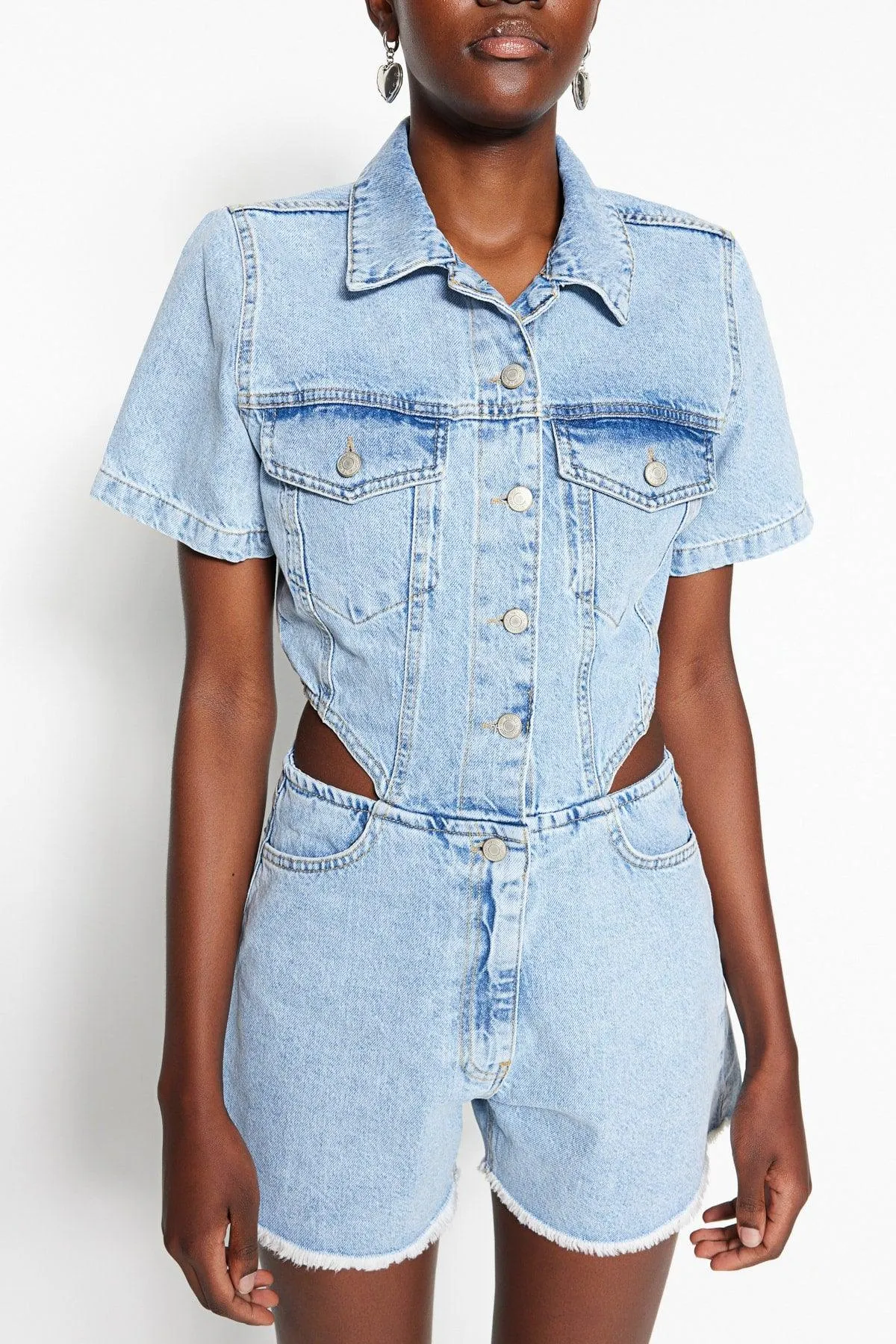 Light Blue Cut-Out Detailed Denim Overalls TWOSS23TU00046