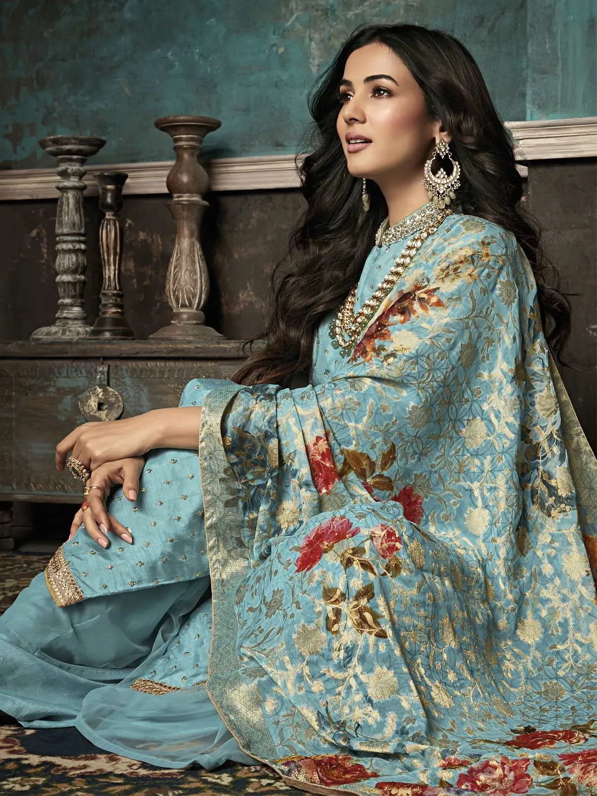 Light Blue Golden Minimalist Sequence Embroidered Palazzo Suit