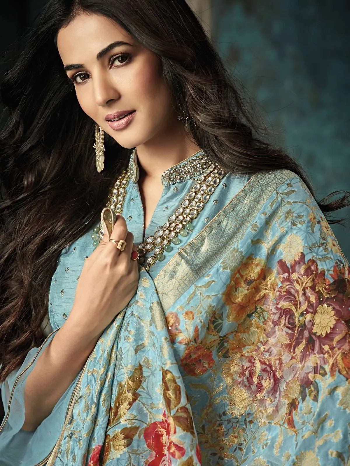 Light Blue Golden Minimalist Sequence Embroidered Palazzo Suit