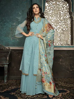 Light Blue Golden Minimalist Sequence Embroidered Palazzo Suit