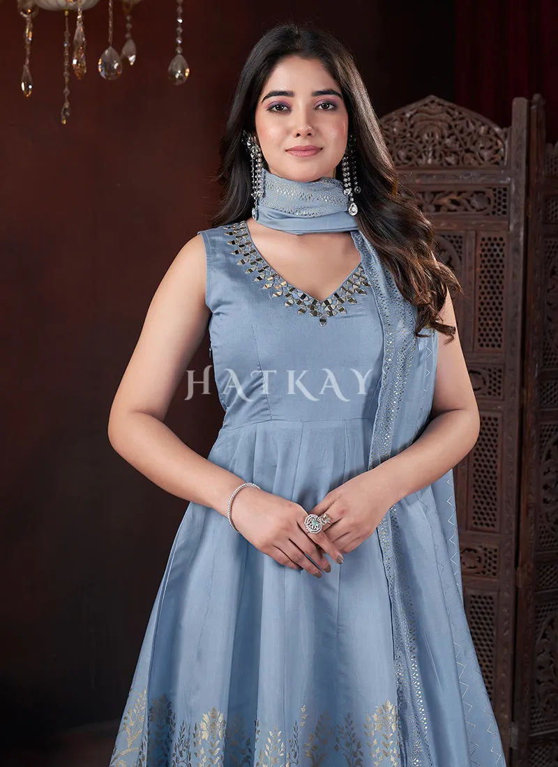 Light Blue Mirror Work Anarkali Palazzo Suit