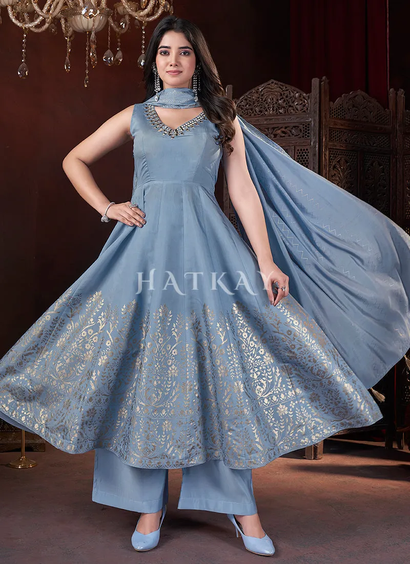 Light Blue Mirror Work Anarkali Palazzo Suit