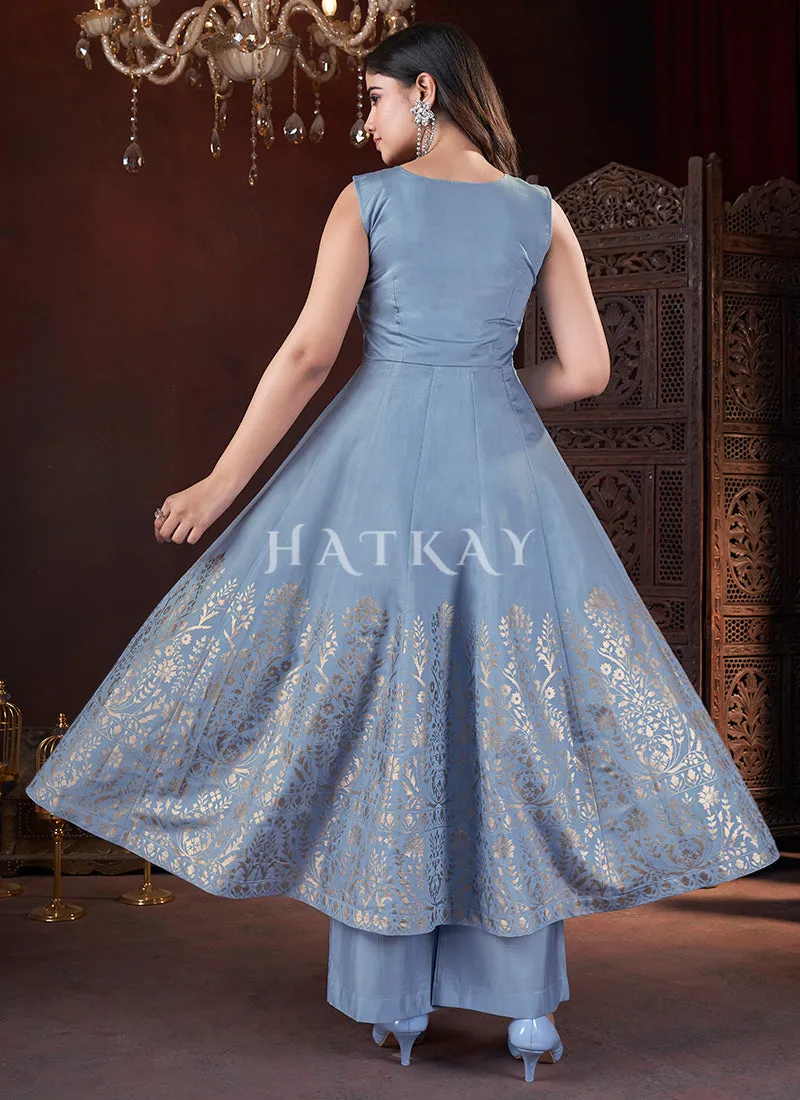 Light Blue Mirror Work Anarkali Palazzo Suit
