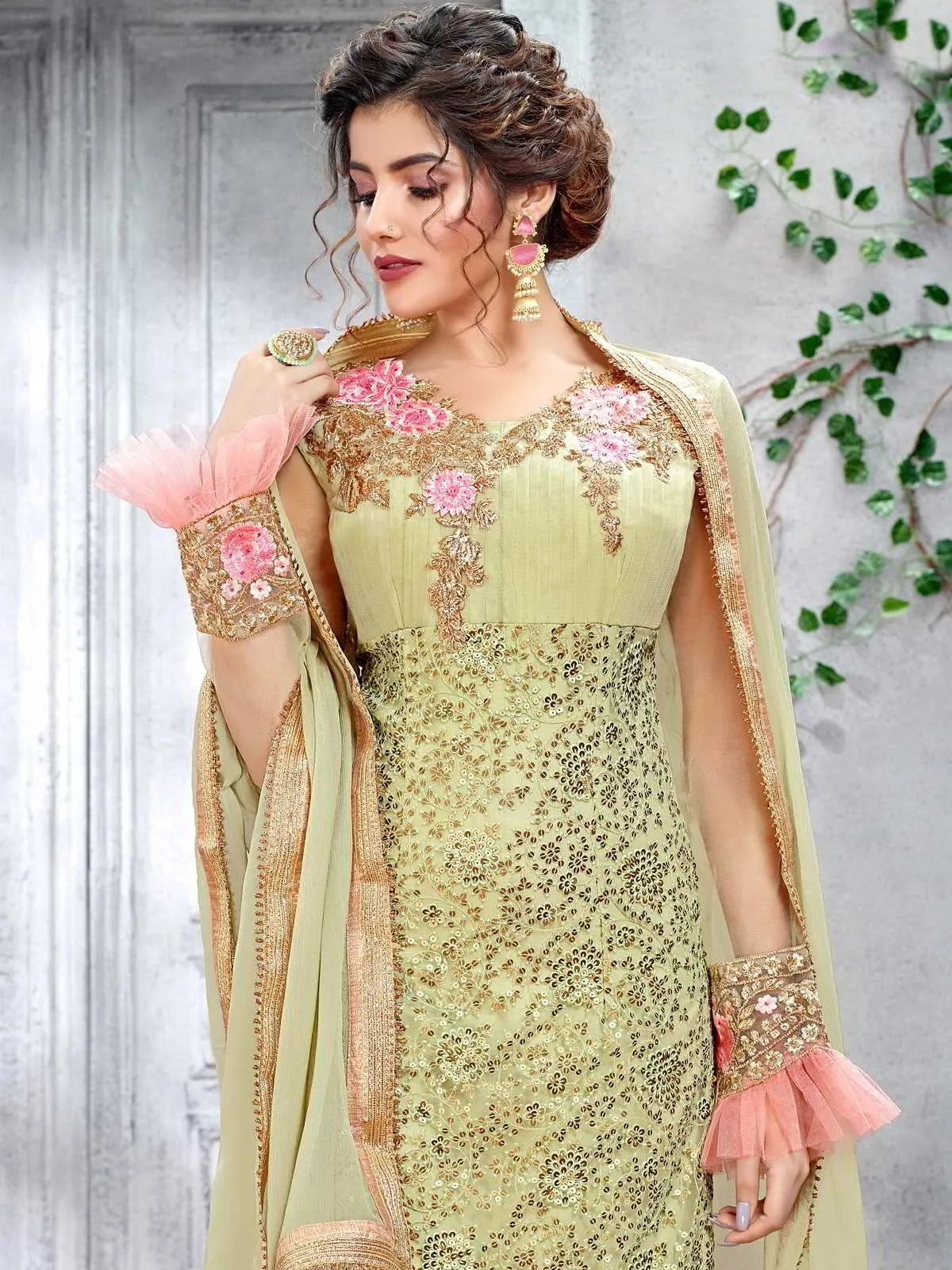 Light Green Multi Embroidered Designer Pakistani Pant Suit