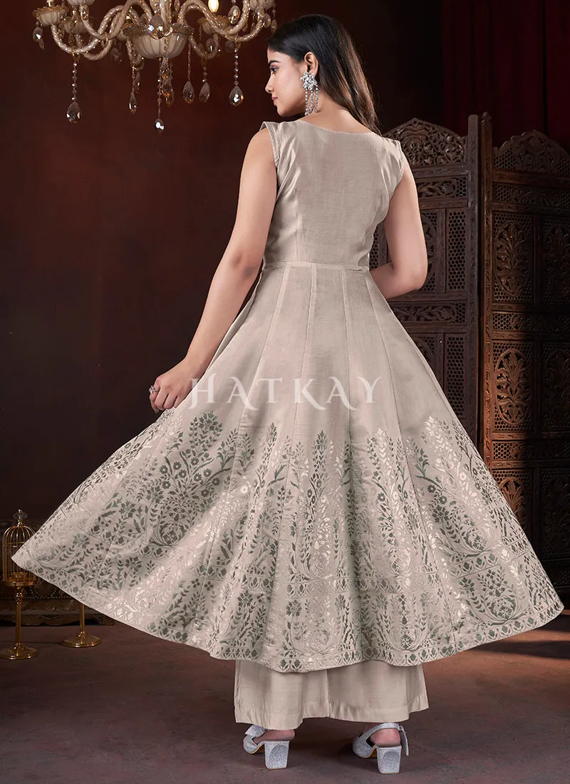 Light Grey Mirror Work Anarkali Palazzo Suit