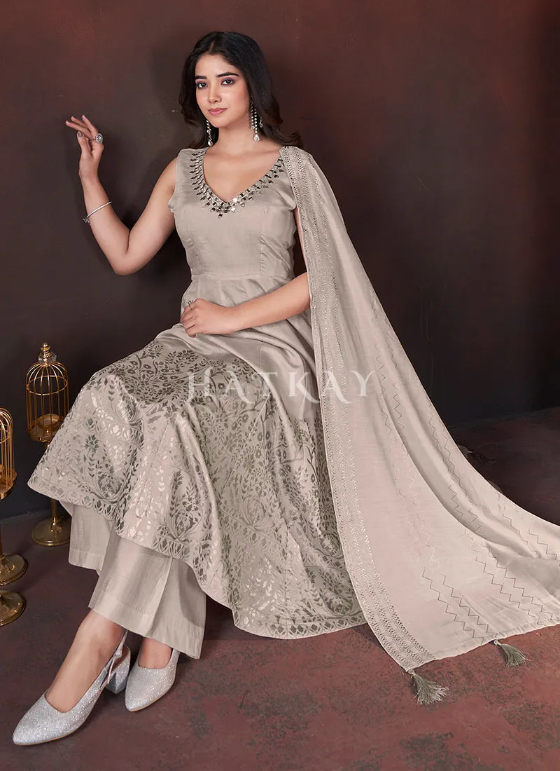 Light Grey Mirror Work Anarkali Palazzo Suit
