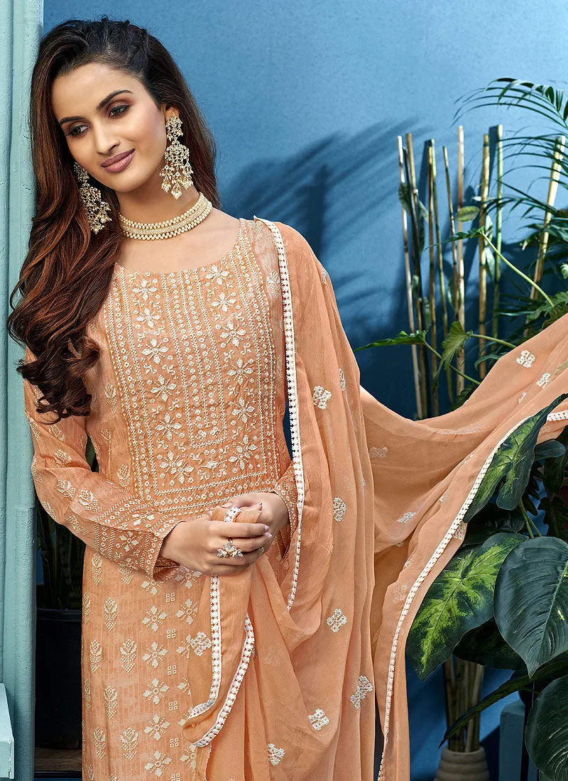 Light Orange Pearl Embroidered Palazzo Suit