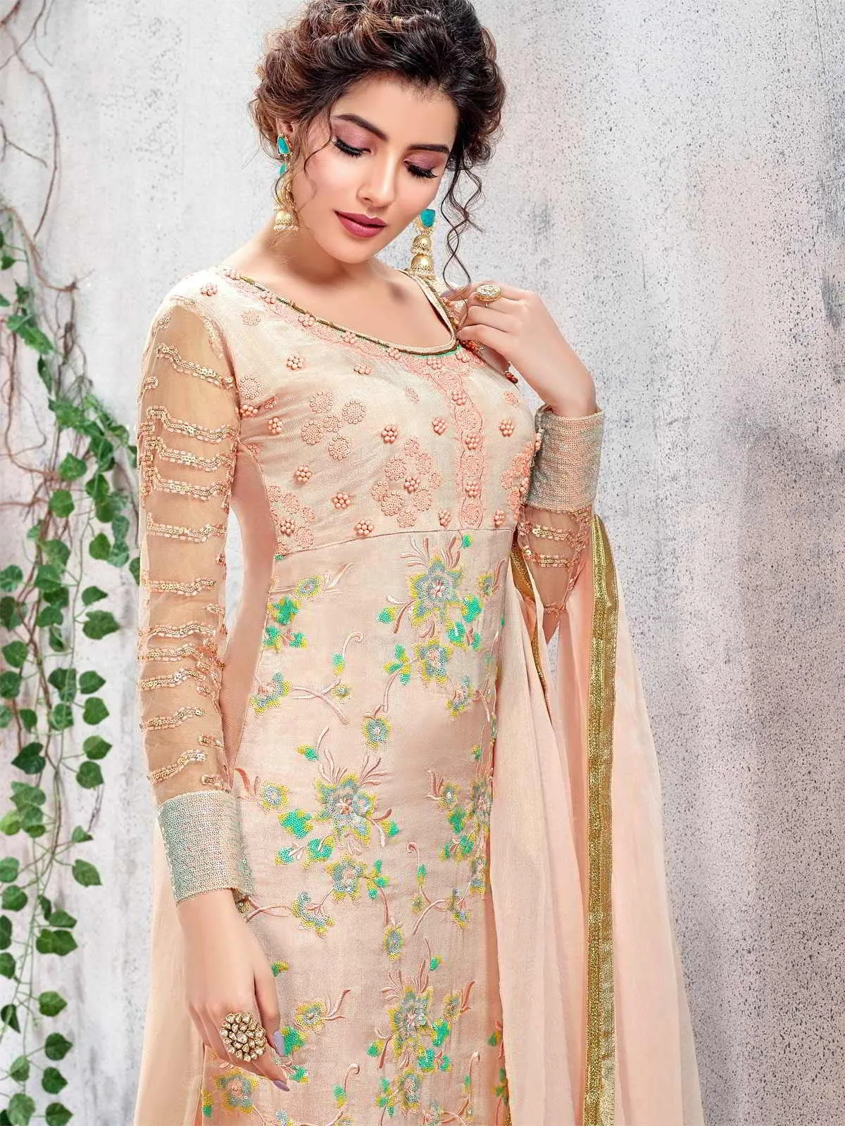 Light Peach Multi Embroidered Designer Pakistani Pant Suit