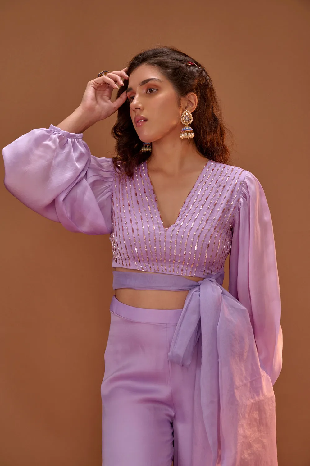 Lilac Crop Top With Palazo And Organza Tie Up