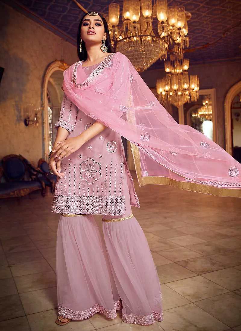Lilac Mirror Embroidered Gharara Style Suit