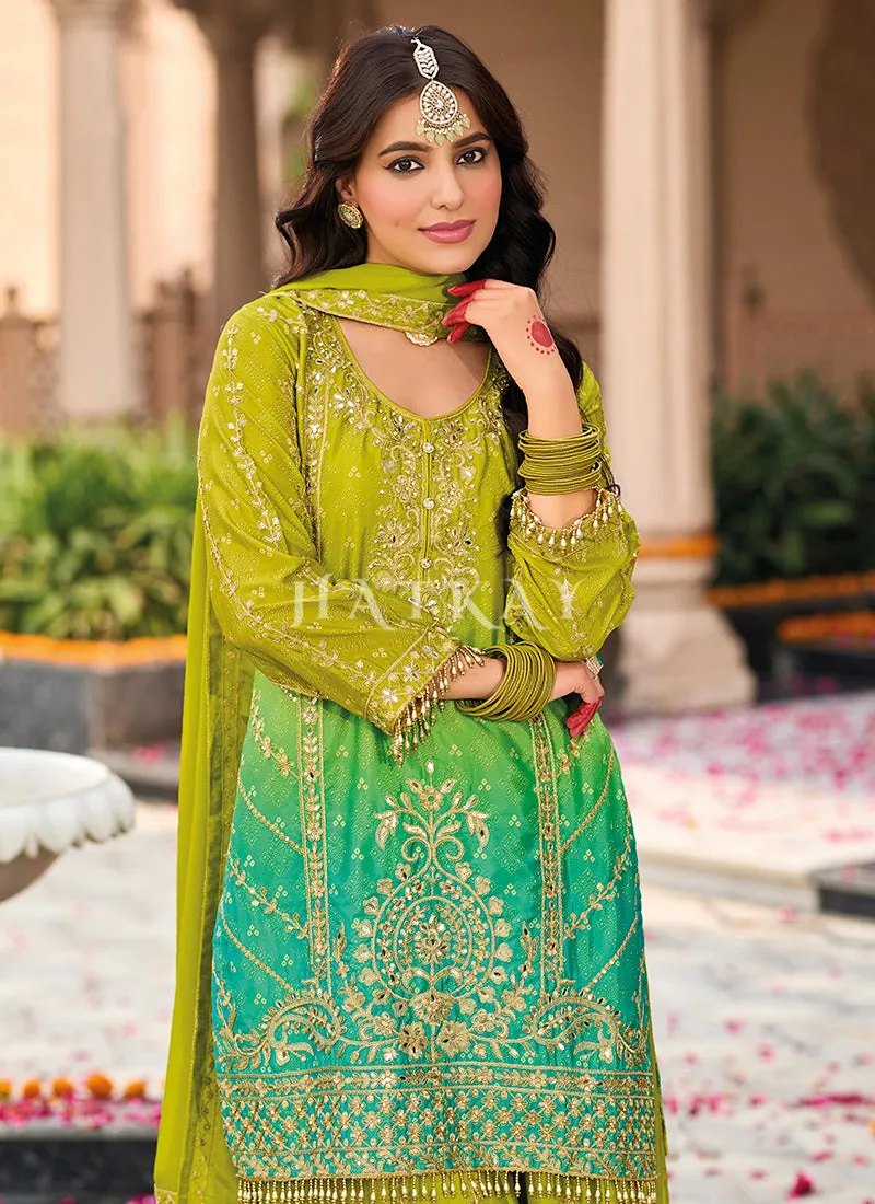 Lime Green And Teal Ombré Palazzo Suit