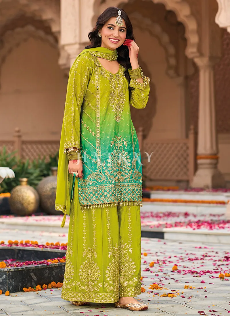 Lime Green And Teal Ombré Palazzo Suit