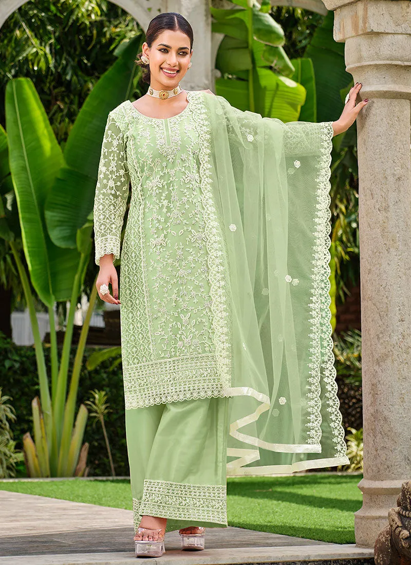 Lime Green Thread Embroidery Festive Palazzo Suit