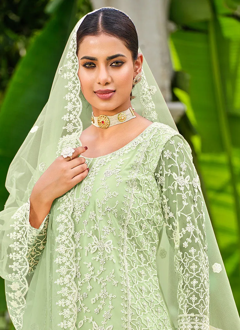 Lime Green Thread Embroidery Festive Palazzo Suit
