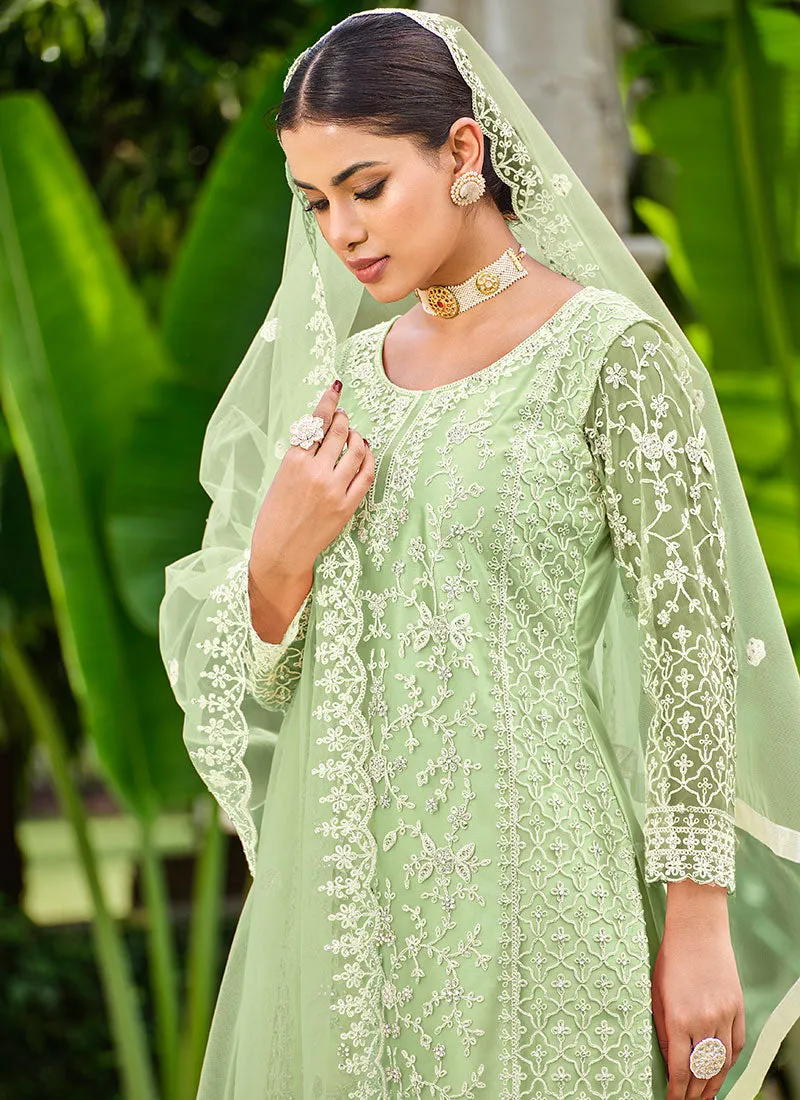 Lime Green Thread Embroidery Festive Palazzo Suit