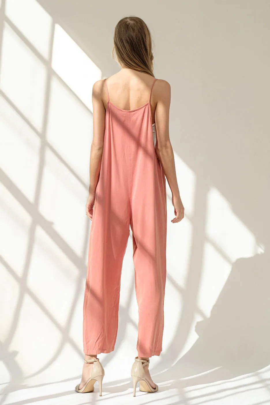 Linen Feel Woven Tie Strap Button Up Pocket Jumpsuit-Burnt Coral