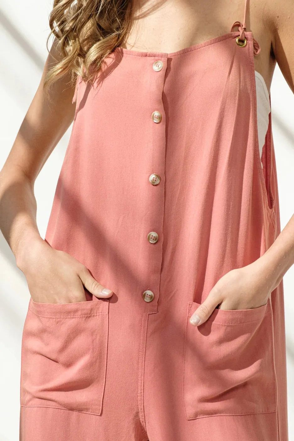 Linen Feel Woven Tie Strap Button Up Pocket Jumpsuit-Burnt Coral