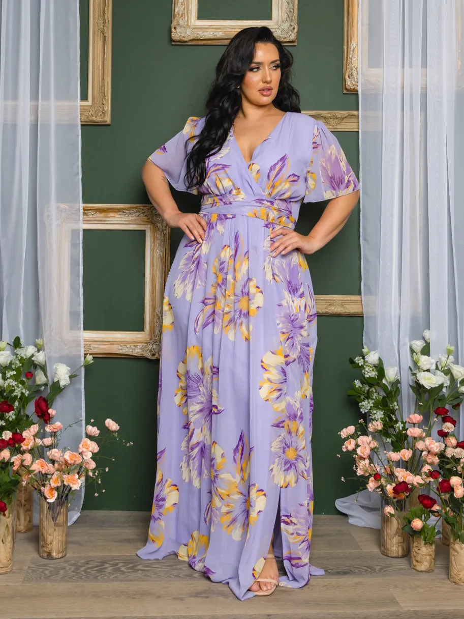 Liza Plus Size Chiffon Gown in Lavender Floral