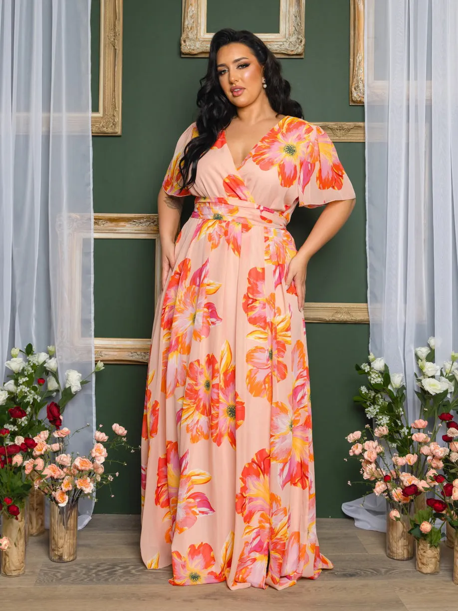 Liza Plus Size Chiffon Gown in Peach Floral