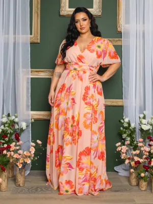 Liza Plus Size Chiffon Gown in Peach Floral