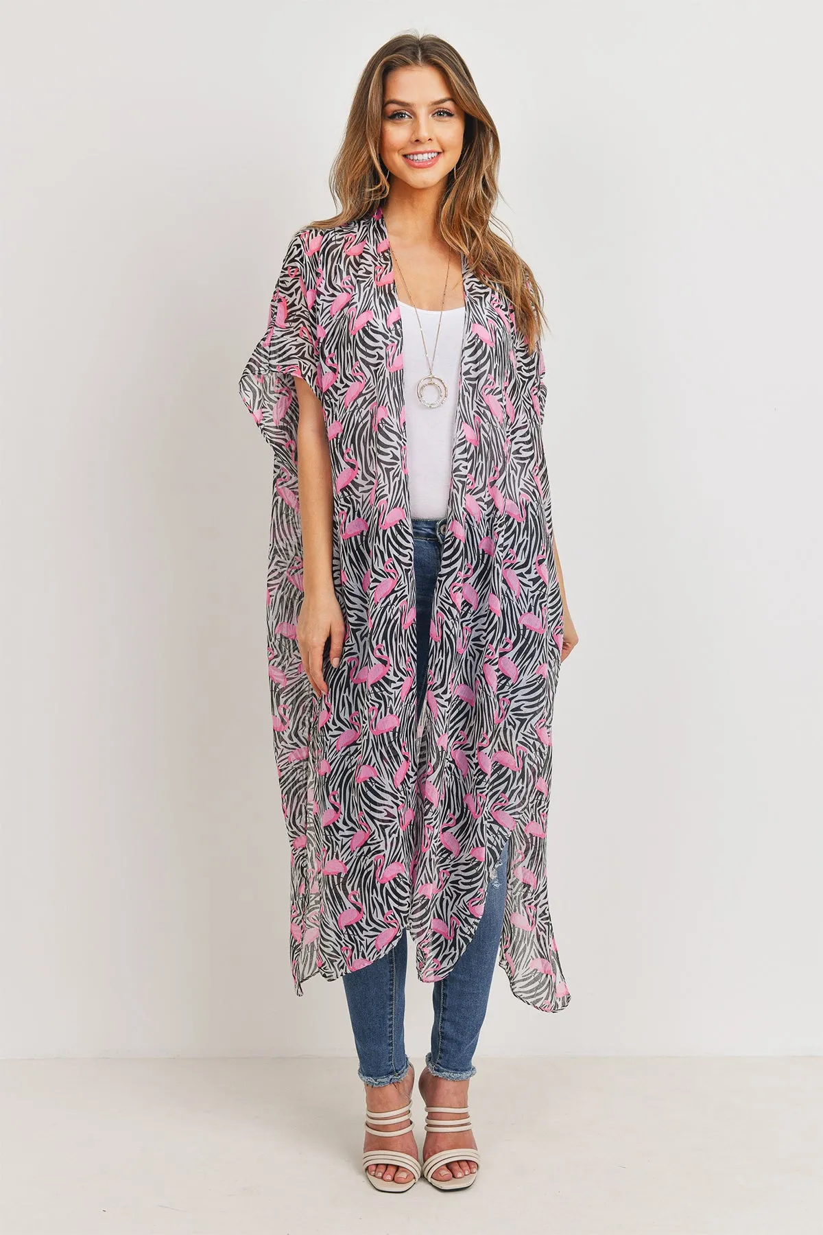 LONG OPEN FRONT PRINTED FLAMINGO KIMONO