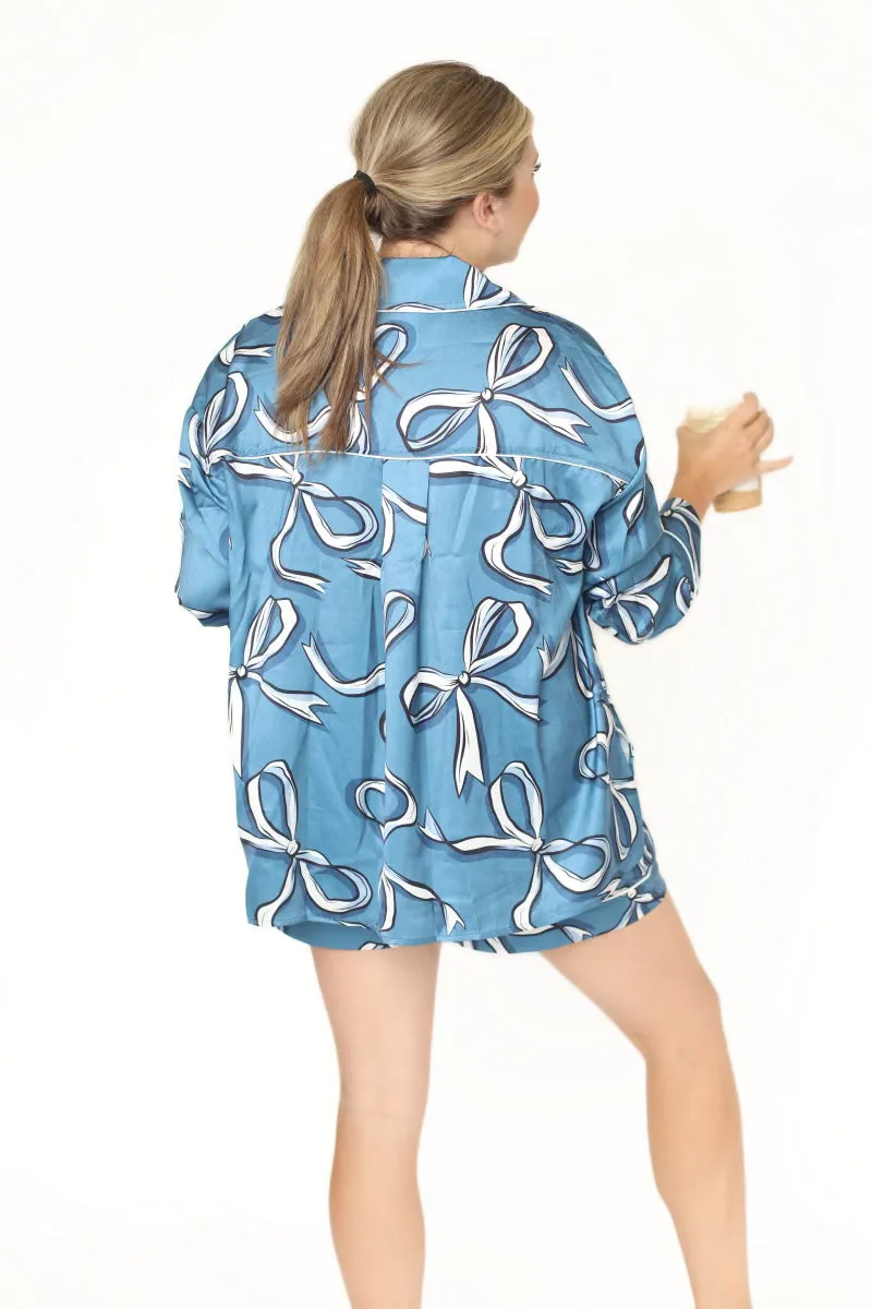Long Sleeve Bow Printed Pajama Short Set - Navy