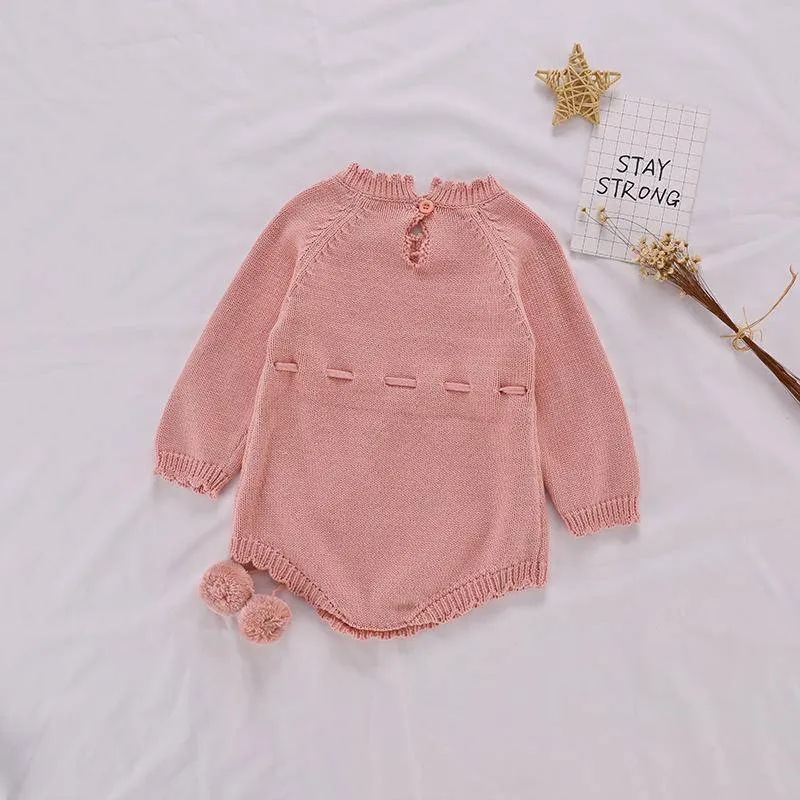 Long Sleeve Cotton Knitted Baby Girls Jumpsuit - White, Pink