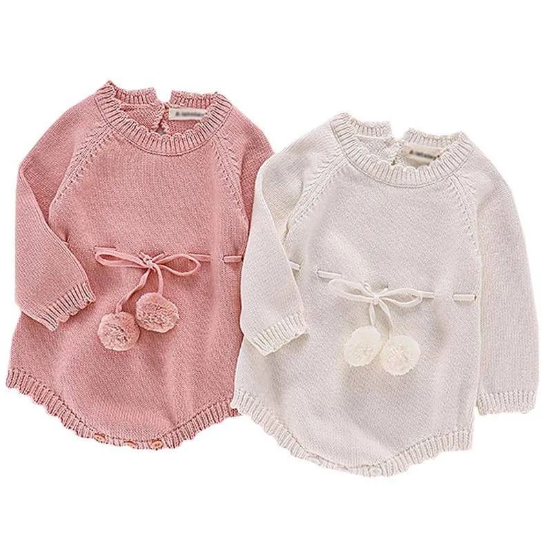 Long Sleeve Cotton Knitted Baby Girls Jumpsuit - White, Pink