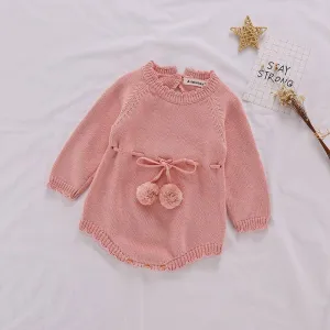 Long Sleeve Cotton Knitted Baby Girls Jumpsuit - White, Pink