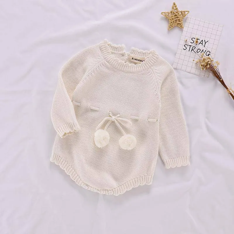 Long Sleeve Cotton Knitted Baby Girls Jumpsuit - White, Pink