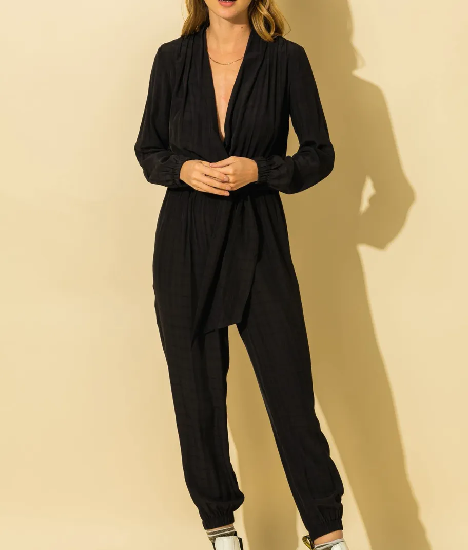 Long Sleeve Faux Wrap Jumpsuit