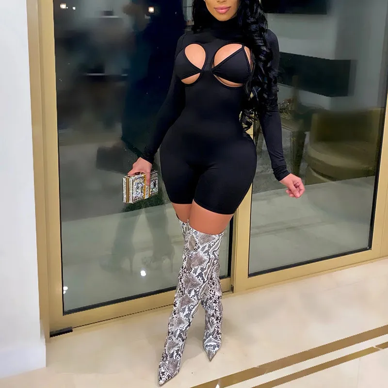 Long Sleeve Hollow Out Bodycon Romper