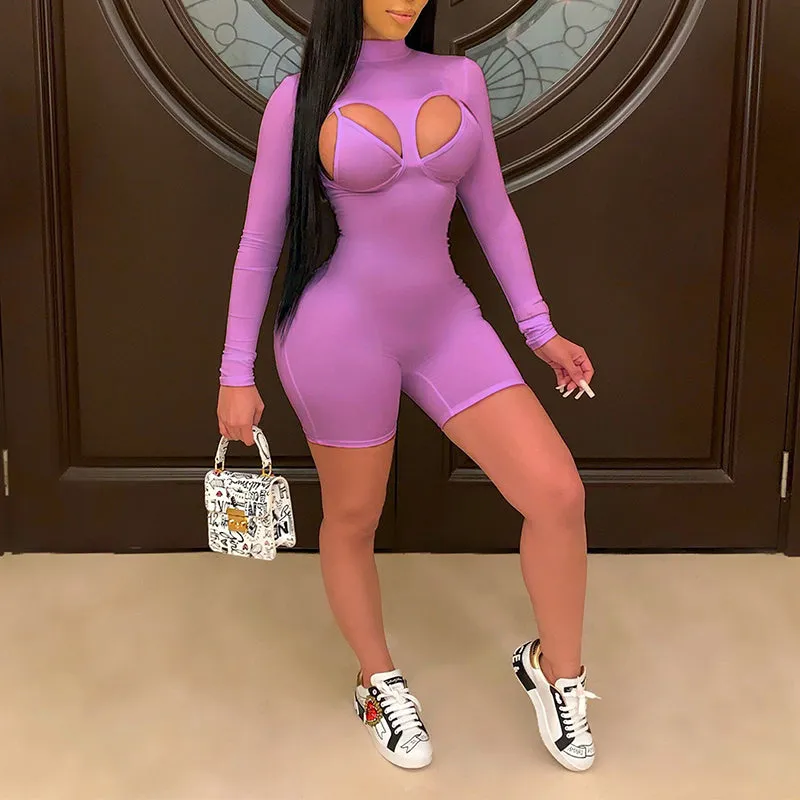 Long Sleeve Hollow Out Bodycon Romper