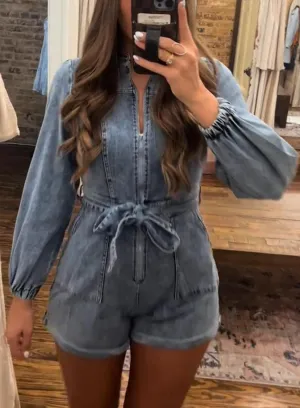 Long Sleeve Lace-Up Denim Romper