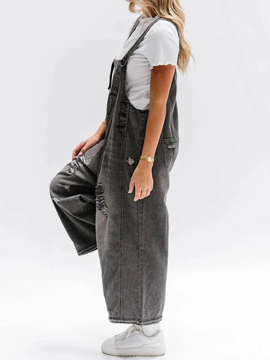 Loose Fit Distressed Denim Overalls