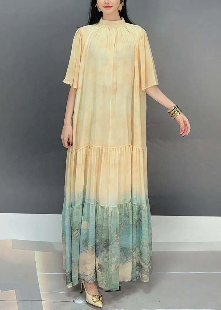 Loose Light Yellow Wrinkled Print Chiffon Long Dress Flare Sleeve