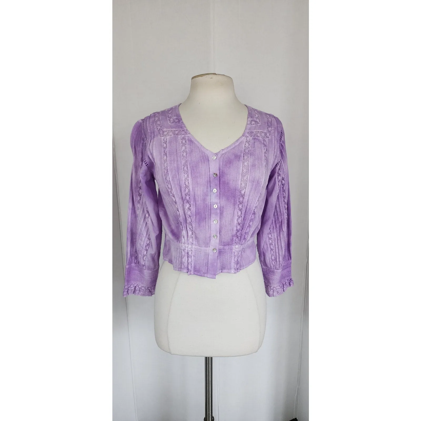 LoveShackFancy Aubrielle Top Purple Tie-Dye Blouse Cotton Lace / S