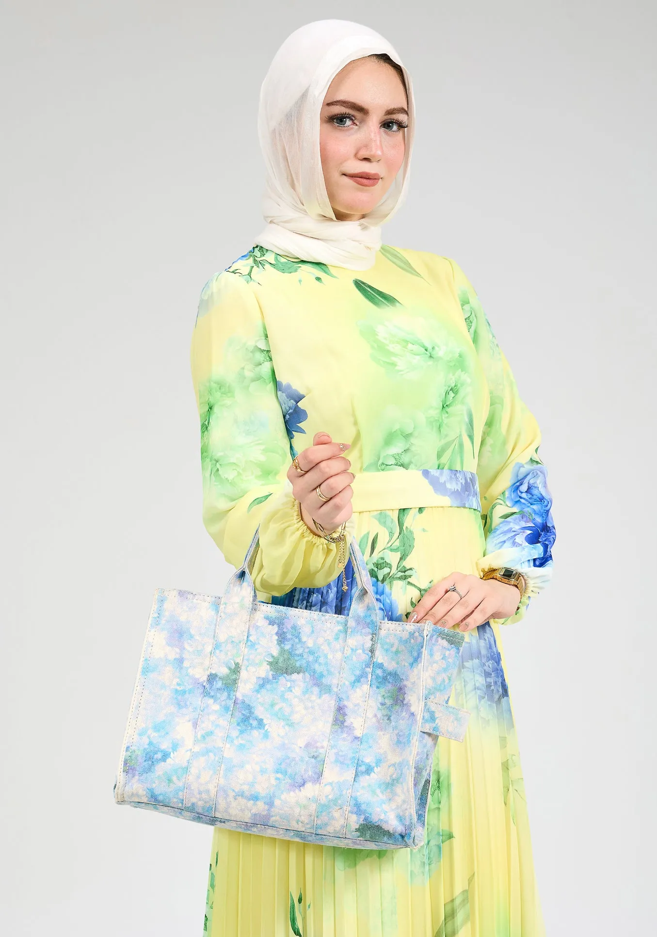 Lubab Floral Chiffon Modest Maxi Dress with Pleated Skirt and Belted Waist