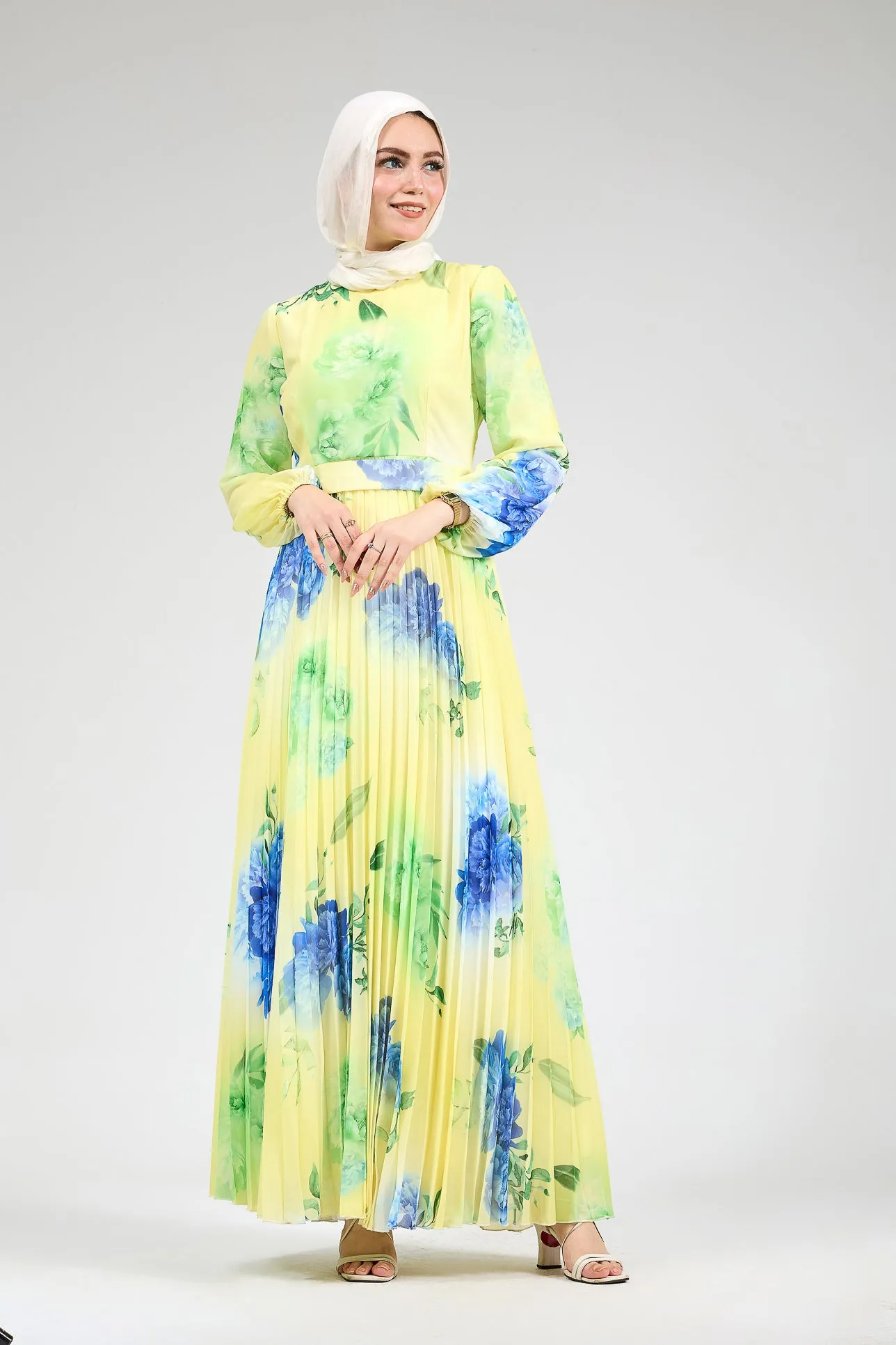 Lubab Floral Chiffon Modest Maxi Dress with Pleated Skirt and Belted Waist